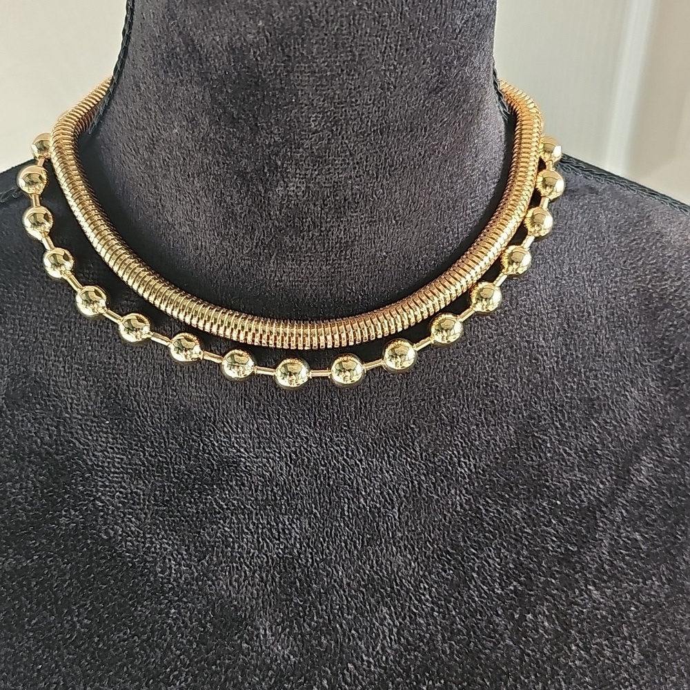 New Open Edit Set Of 2 Snake & Ball Jumbo Chain Stackable Necklaces Gold